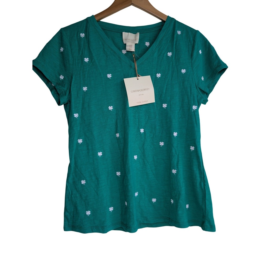 CYNTHIA ROWLEY Clover Embroidered T Shirt Womens M Green Cotton V Neck Shamrock